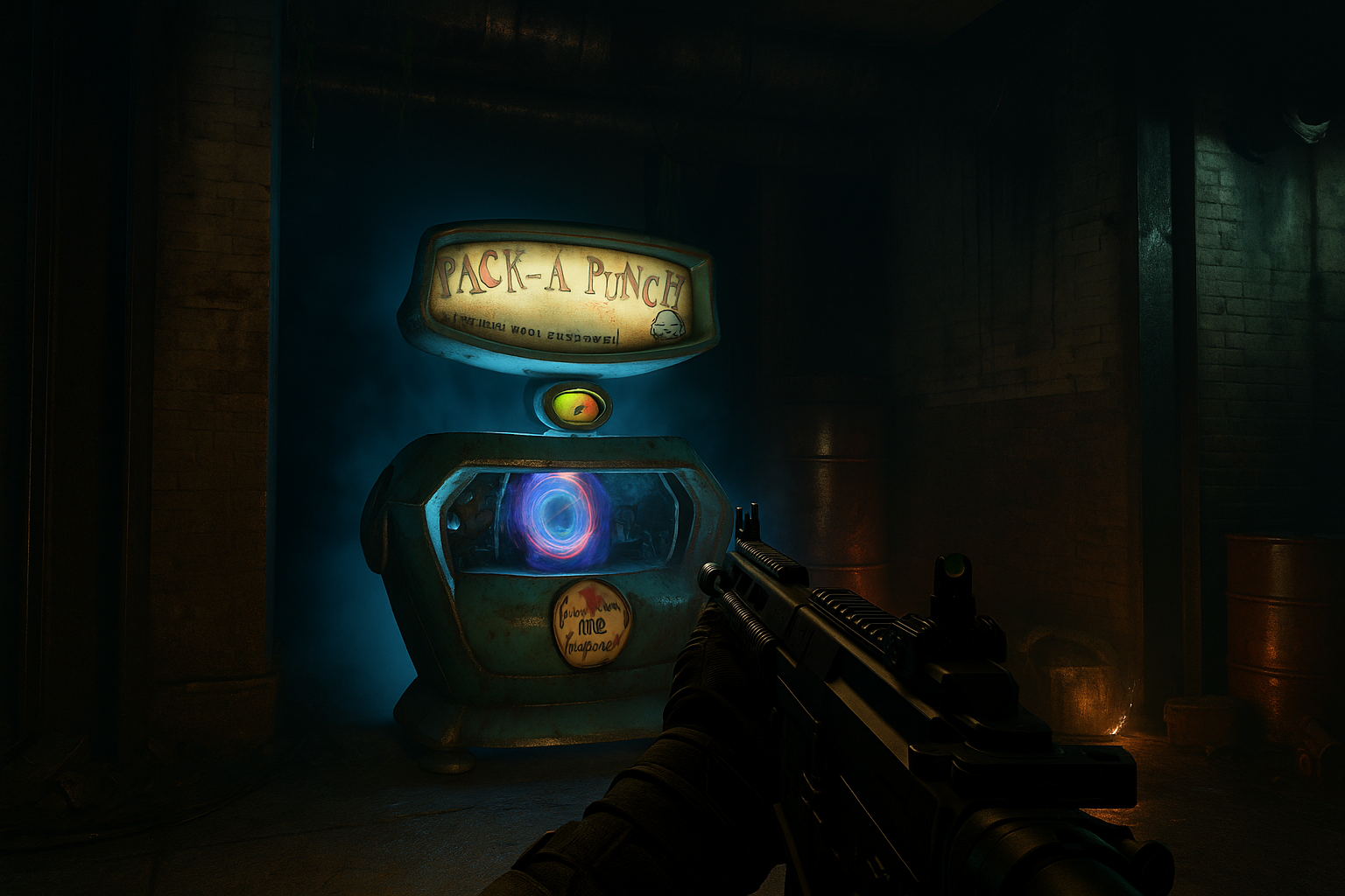 Máquina Pack-a-Punch activa en zona subterránea de BO6 Zombies, vista en primera persona
