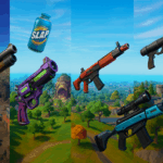 Armas Míticas y Exóticas flotando sobre ubicaciones del mapa en Fortnite Temporada 4