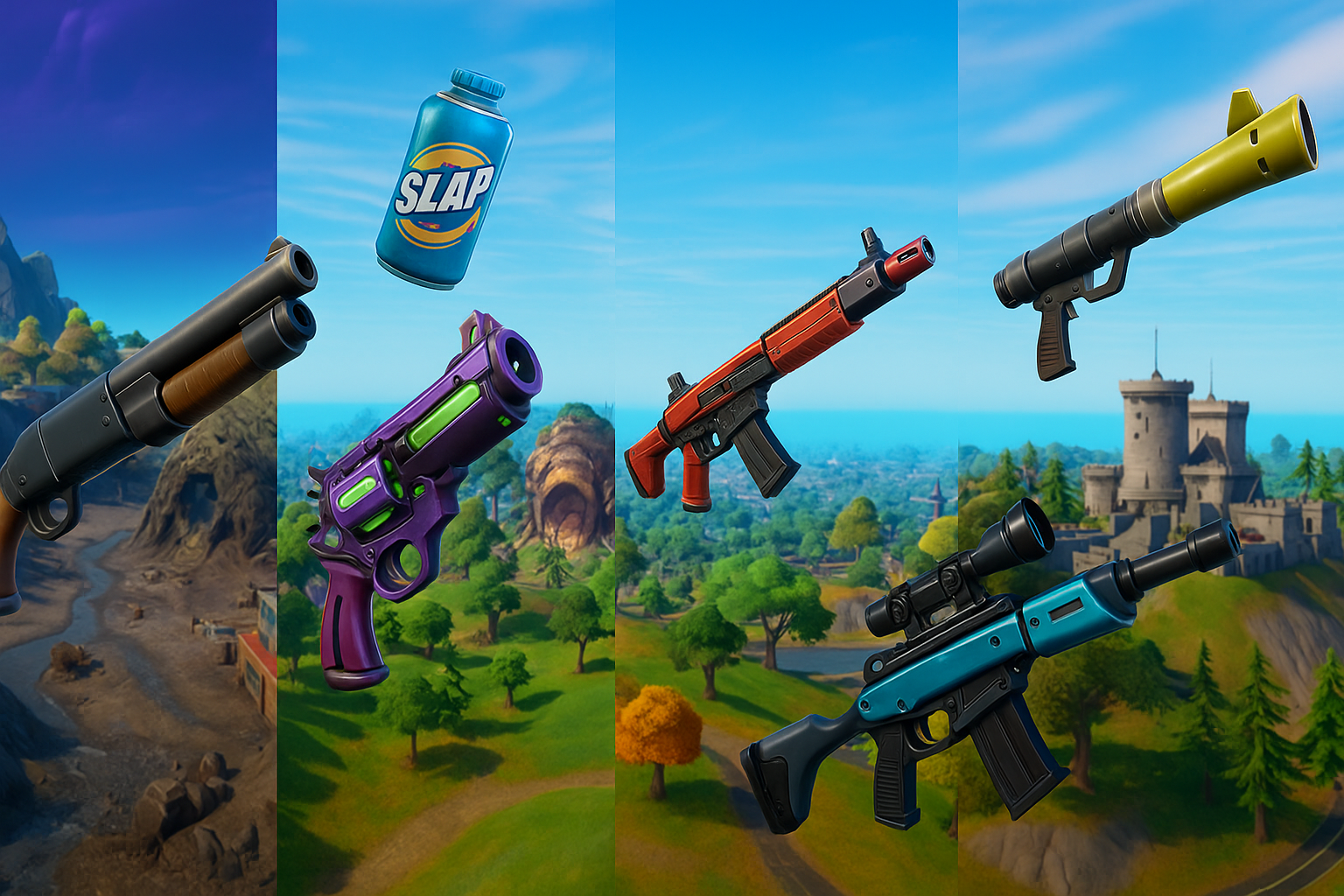 Armas Míticas y Exóticas flotando sobre ubicaciones del mapa en Fortnite Temporada 4