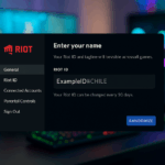 Pantalla de configuración del Riot ID con interfaz activa y fondo gamer iluminado