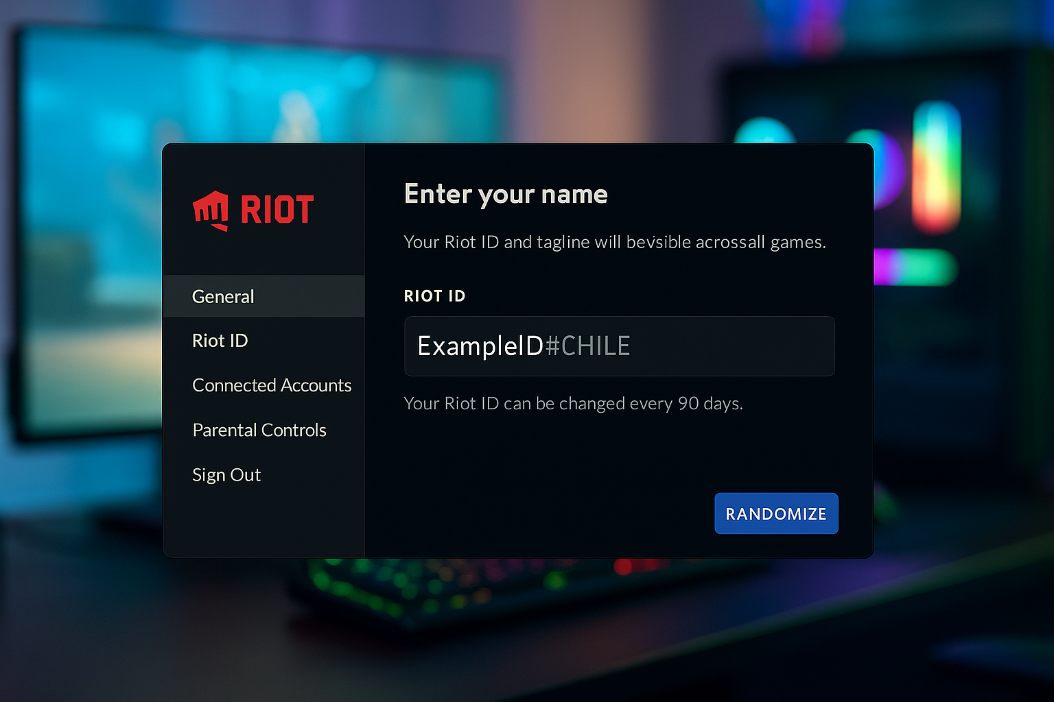 Pantalla de configuración del Riot ID con interfaz activa y fondo gamer iluminado