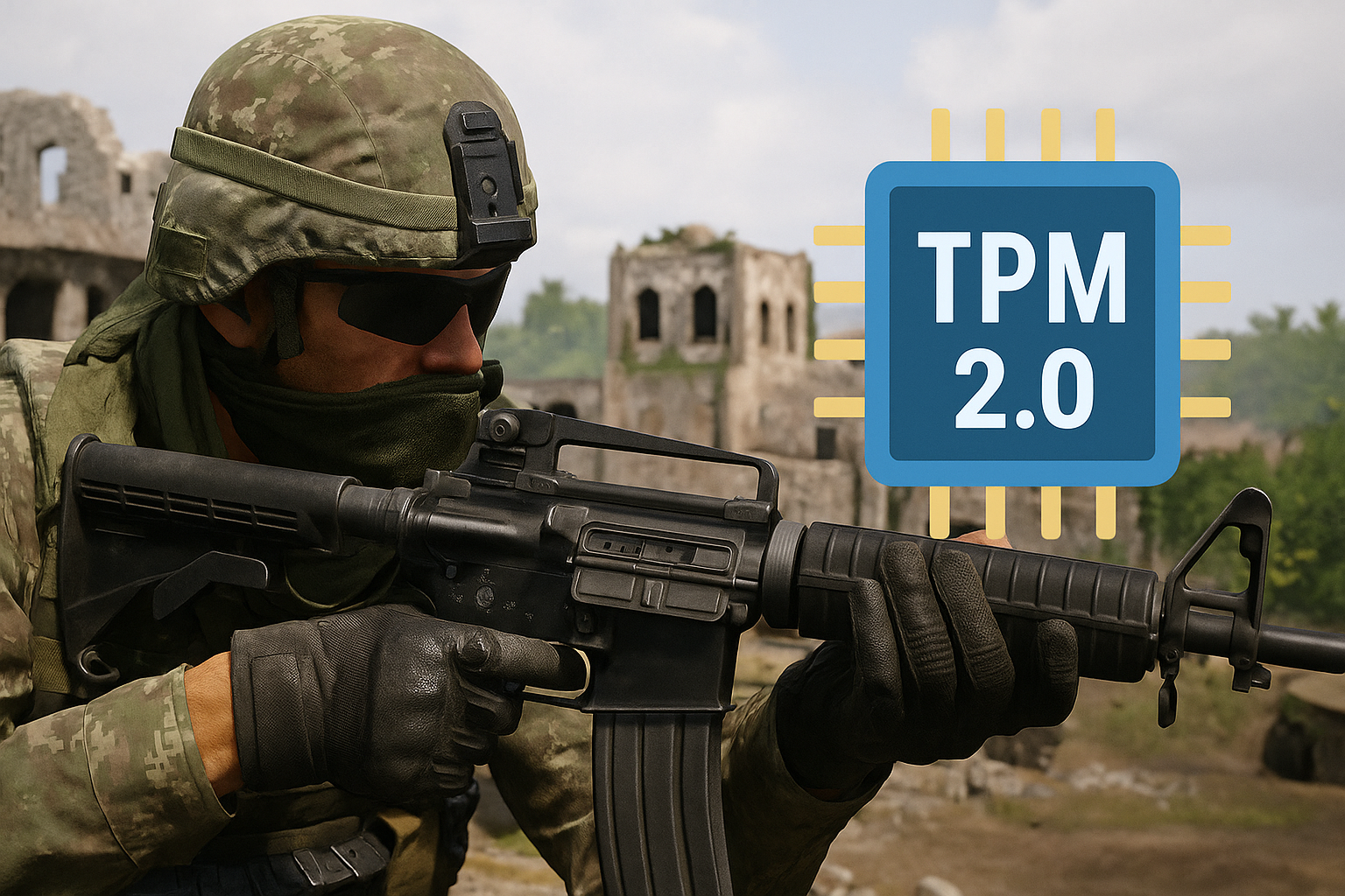 Soldado de Call of Duty apuntando con su rifle en un escenario urbano destruido, junto a un ícono que representa TPM 2.0.