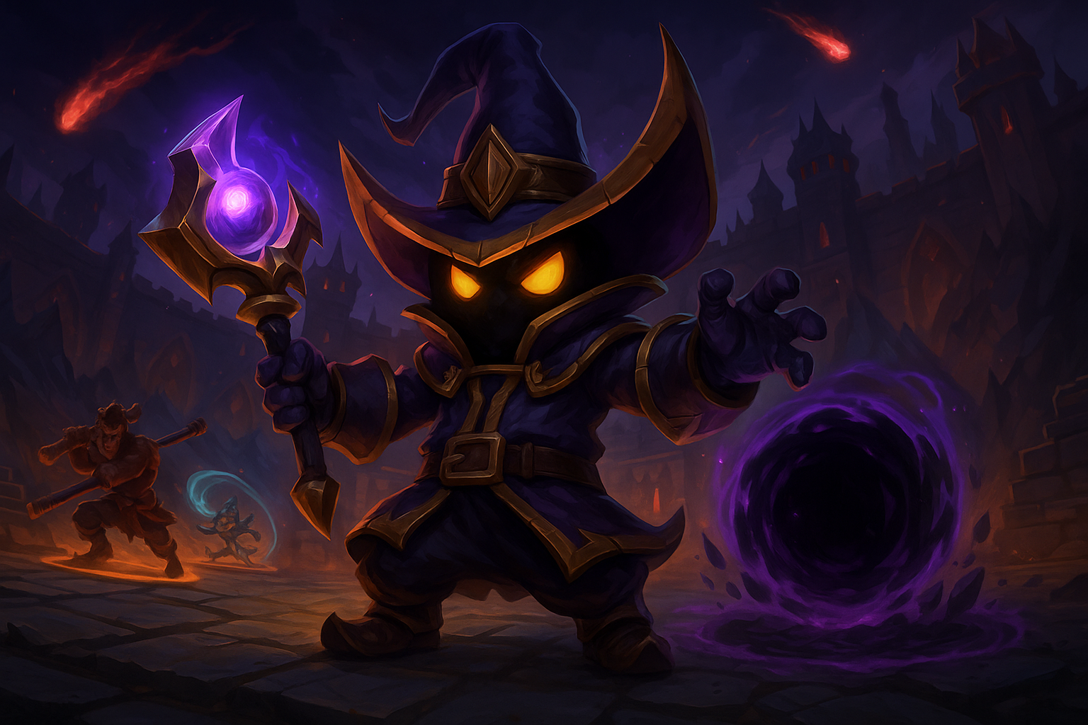 Veigar liderando a los Doom Bots en League of Legends con poderes oscuros y un escenario caótico en el modo especial.