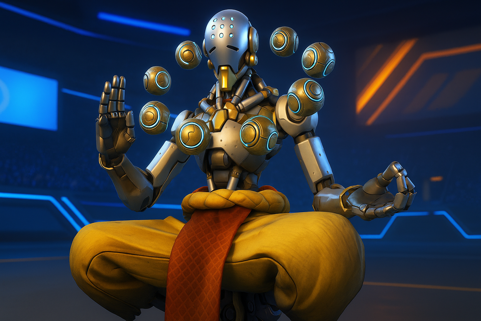 Zenyatta en Overwatch 2 Stadium meditando en una arena futurista con sus orbes iluminados.