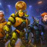 Héroes de Overwatch 2 en Stadium mostrando sus skins exclusivas frente a un trofeo dorado en una arena de esports.