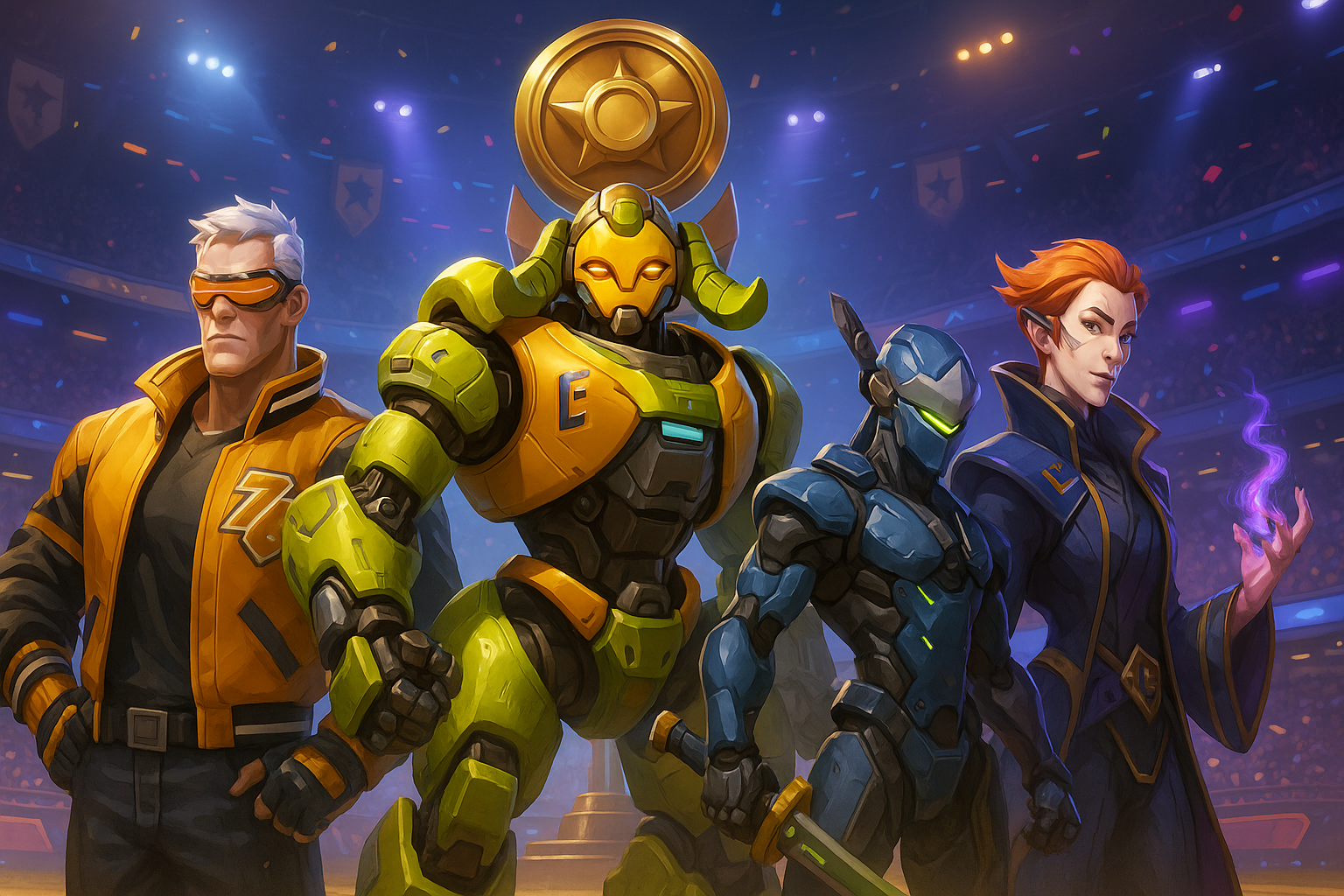 Héroes de Overwatch 2 en Stadium mostrando sus skins exclusivas frente a un trofeo dorado en una arena de esports.