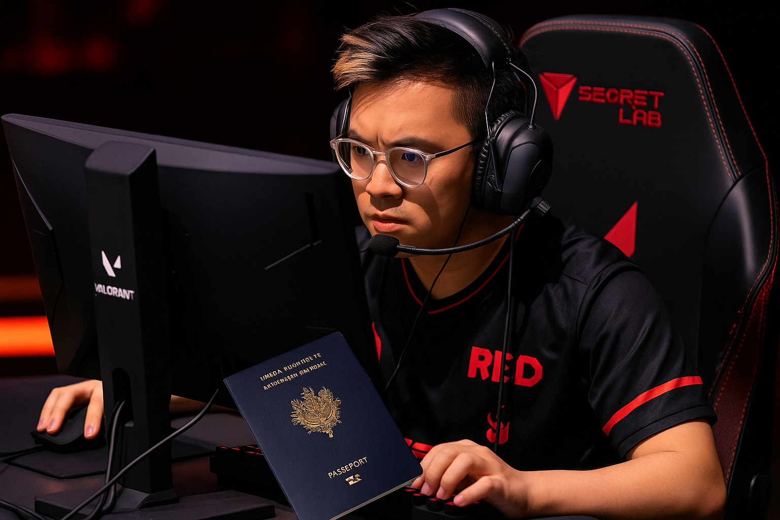 Jugador de PRX concentrado en un torneo de VALORANT con su pasaporte a la vista, simbolizando los problemas de visa rumbo a Champions.