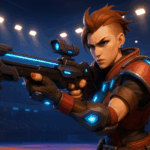 reja disparando su ballesta en Overwatch 2 Stadium dentro de una arena iluminada y futurista.