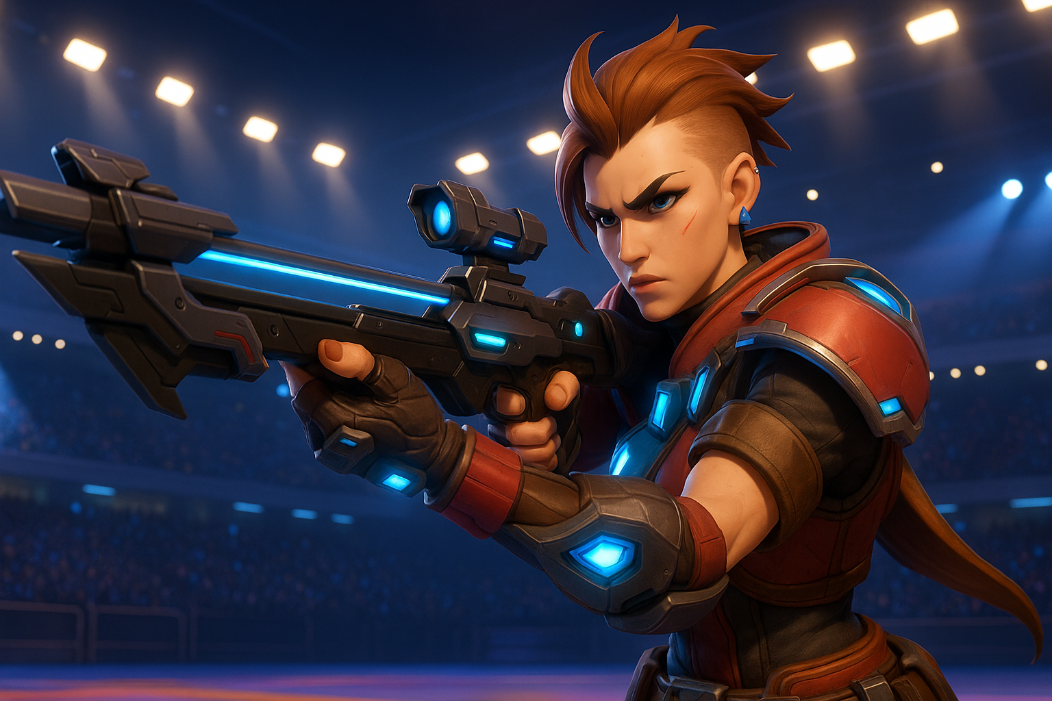 reja disparando su ballesta en Overwatch 2 Stadium dentro de una arena iluminada y futurista.