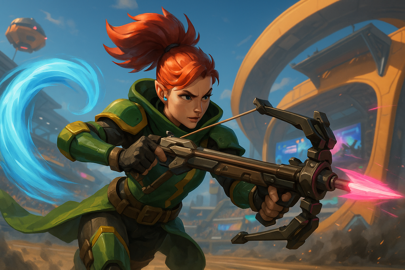 Freja en Overwatch 2 Stadium lista para disparar su ballesta en medio de un estadio futurista lleno de acción.