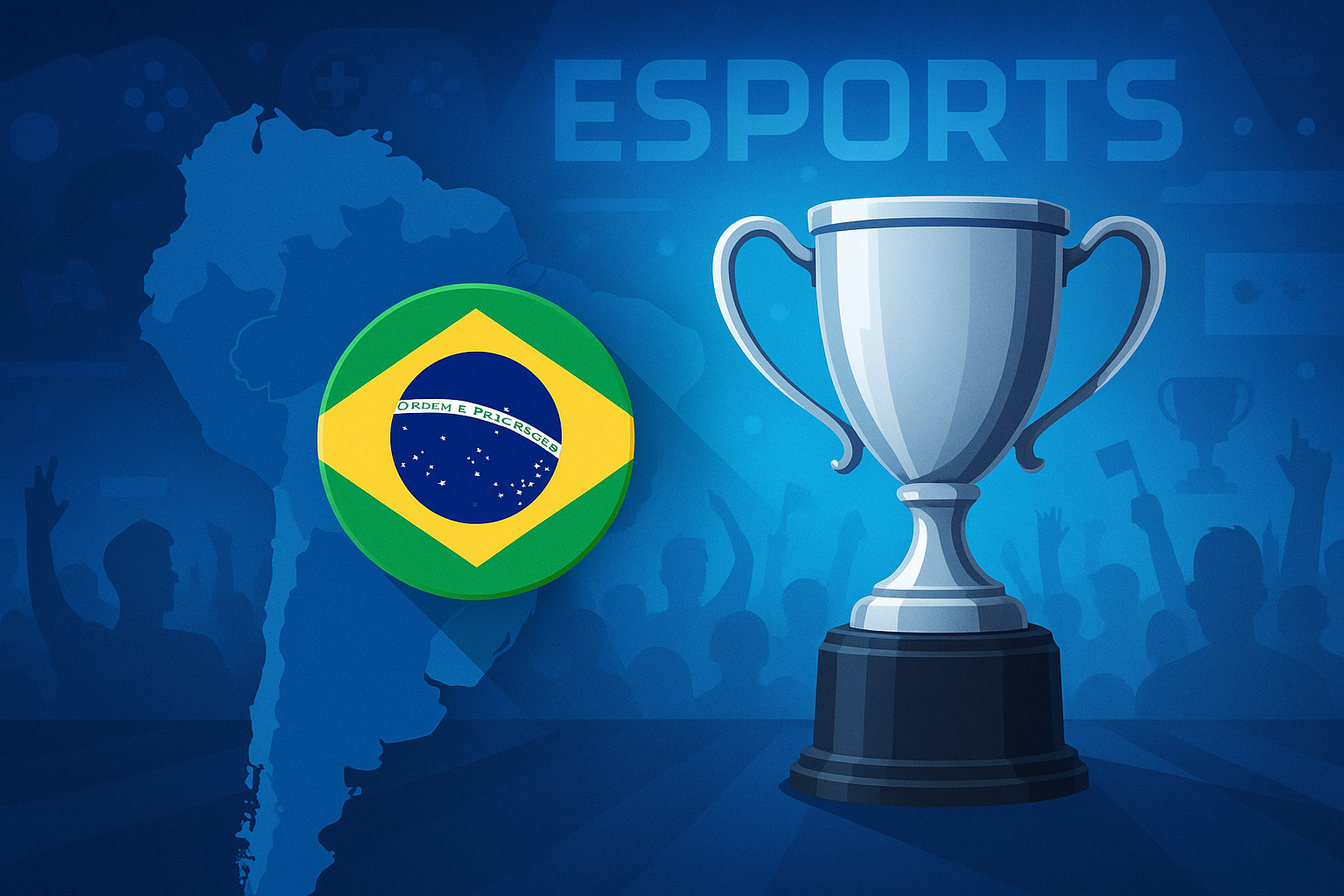 Imagen que muestra el dominio de Brasil en los esports latinoamericanos con la bandera y un trofeo.