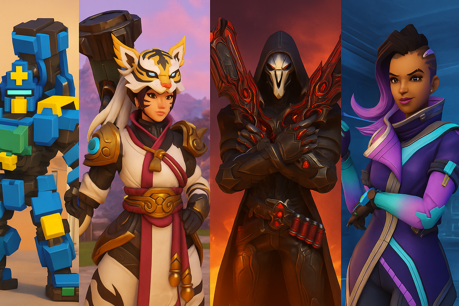 Imagen de skins nuevas en Overwatch 2 temporada 17 con D.Va, Reaper, Sombra y Reinhardt.
