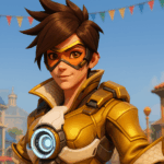 Imagen de Tracer en Overwatch 2 temporada 17 con un traje dorado, en un ambiente festivo y colorido.