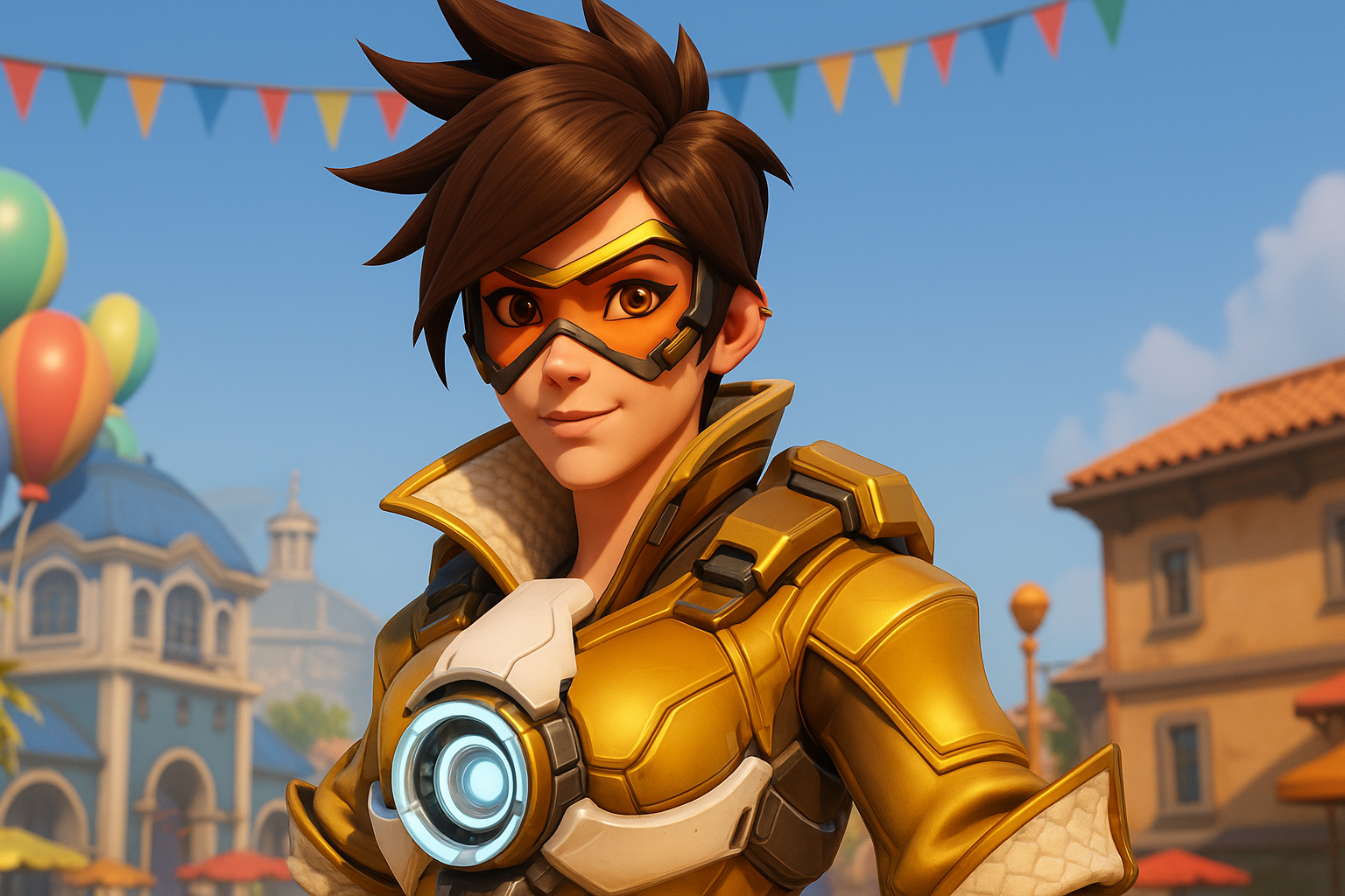 Imagen de Tracer en Overwatch 2 temporada 17 con un traje dorado, en un ambiente festivo y colorido.