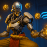 Imagen horizontal de Zenyatta en Overwatch 2 Stadium con sus orbes brillando en un ambiente futurista.