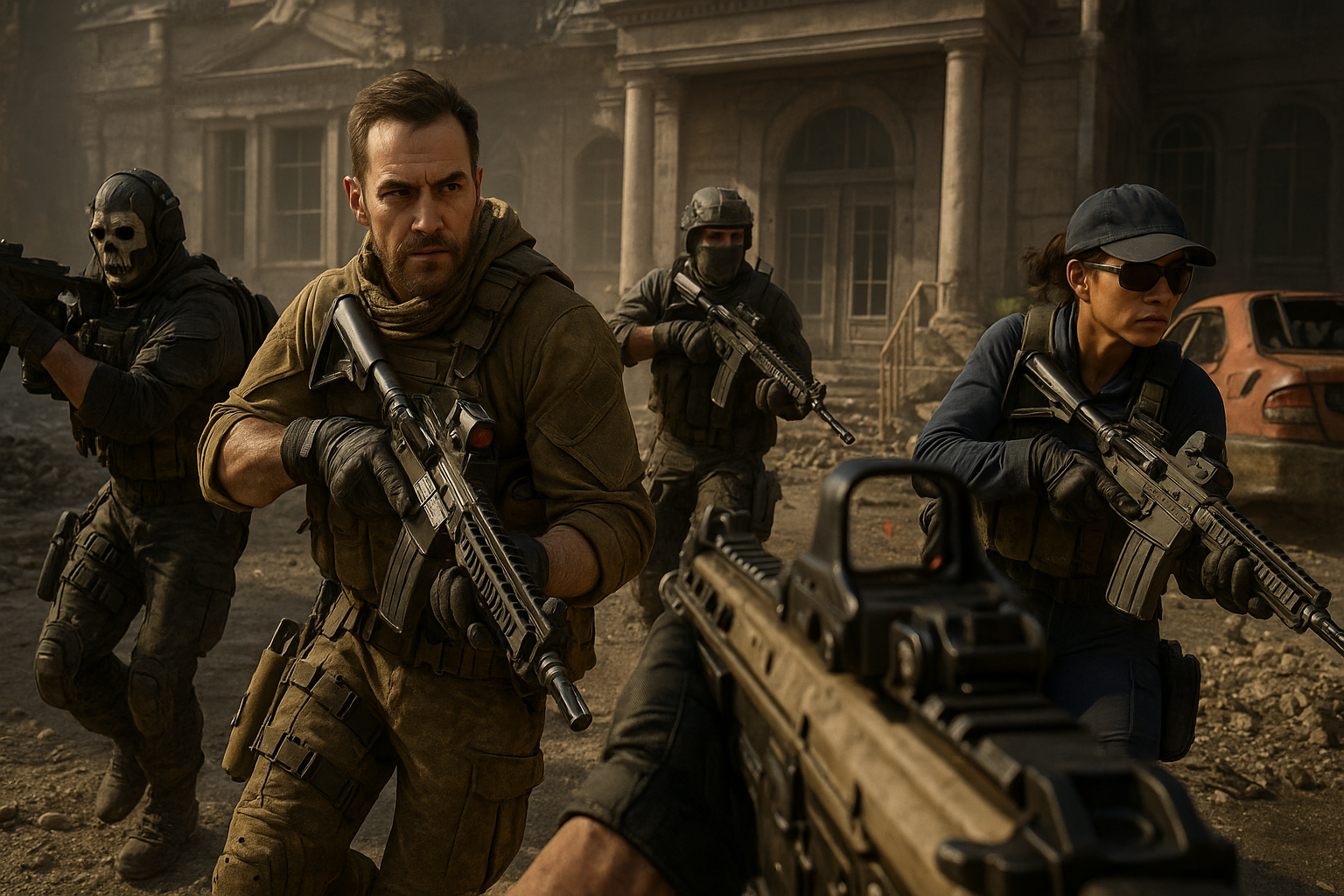 Soldados de Black Ops 7 avanzando en una ciudad destruida durante combate táctico.