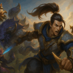 Campeones de League of Legends en batalla épica, destacando a Xin Zhao, Alistar, Teemo y Lulu en un escenario fantástico.