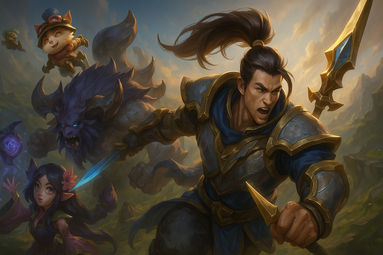Campeones de League of Legends en batalla épica, destacando a Xin Zhao, Alistar, Teemo y Lulu en un escenario fantástico.