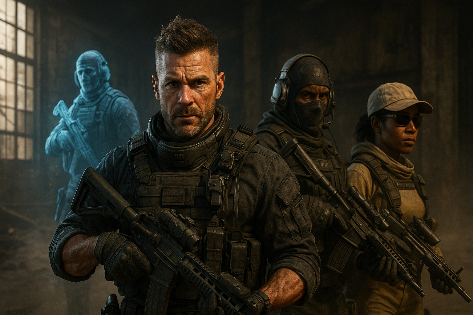 Soldados de Black Ops 7 listos para el combate en un escenario industrial oscuro.