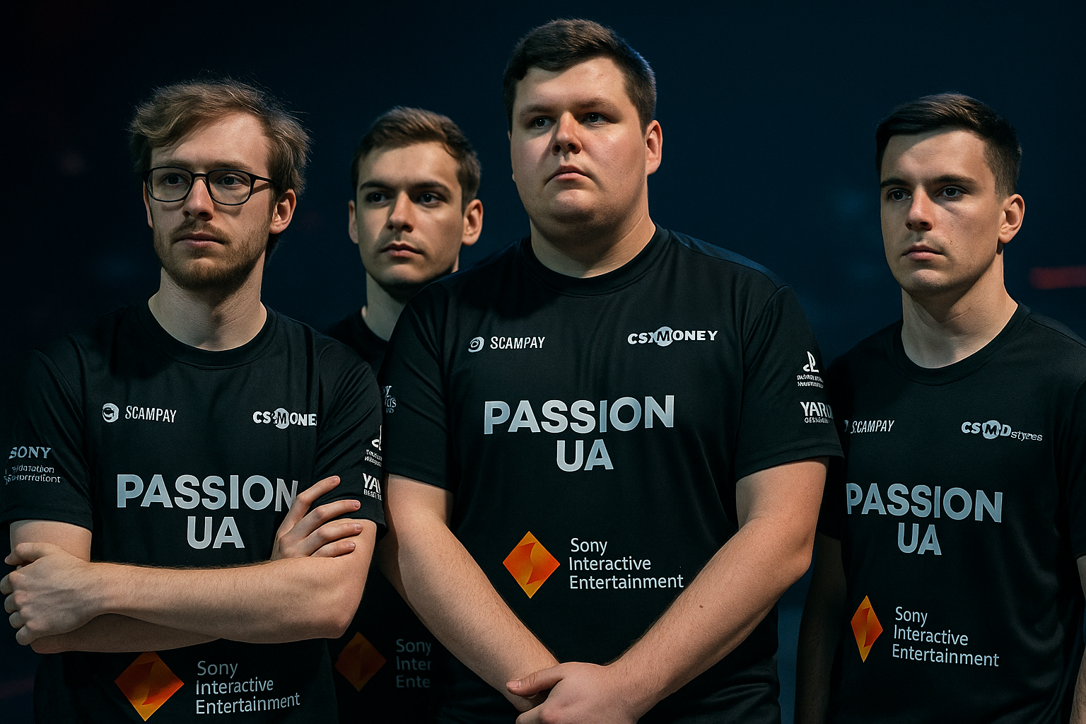 Jugadores de Passion UA posando en escenario de esports tras su fichaje tras la salida de Complexity de Counter-Strike.