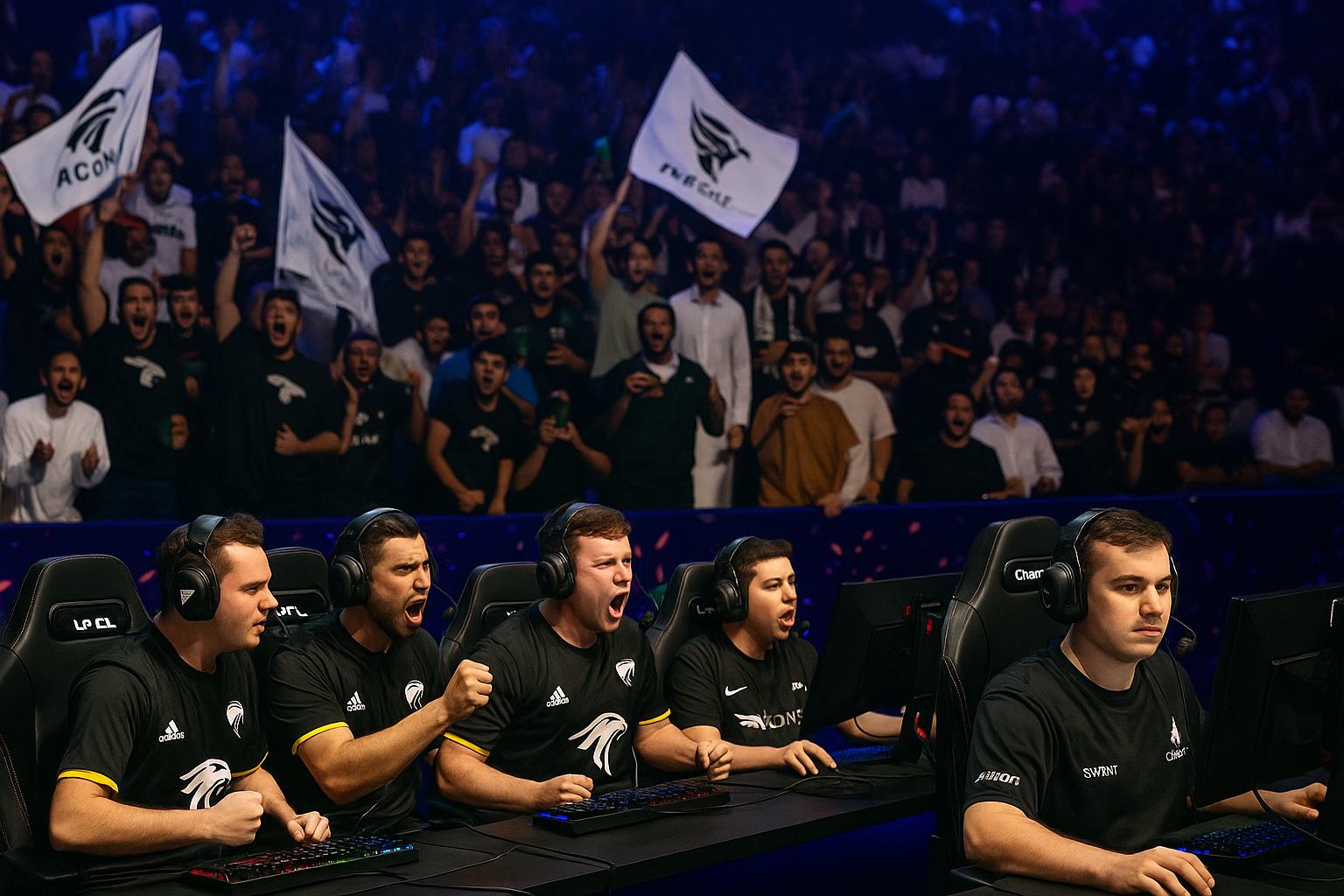 Fanáticos de Falcons en la EWC CS2 con ambiente encendido en la arena de esports.