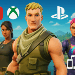 Personajes de Fortnite mostrando compatibilidad multiplataforma con PlayStation, Xbox, Nintendo y dispositivos móviles