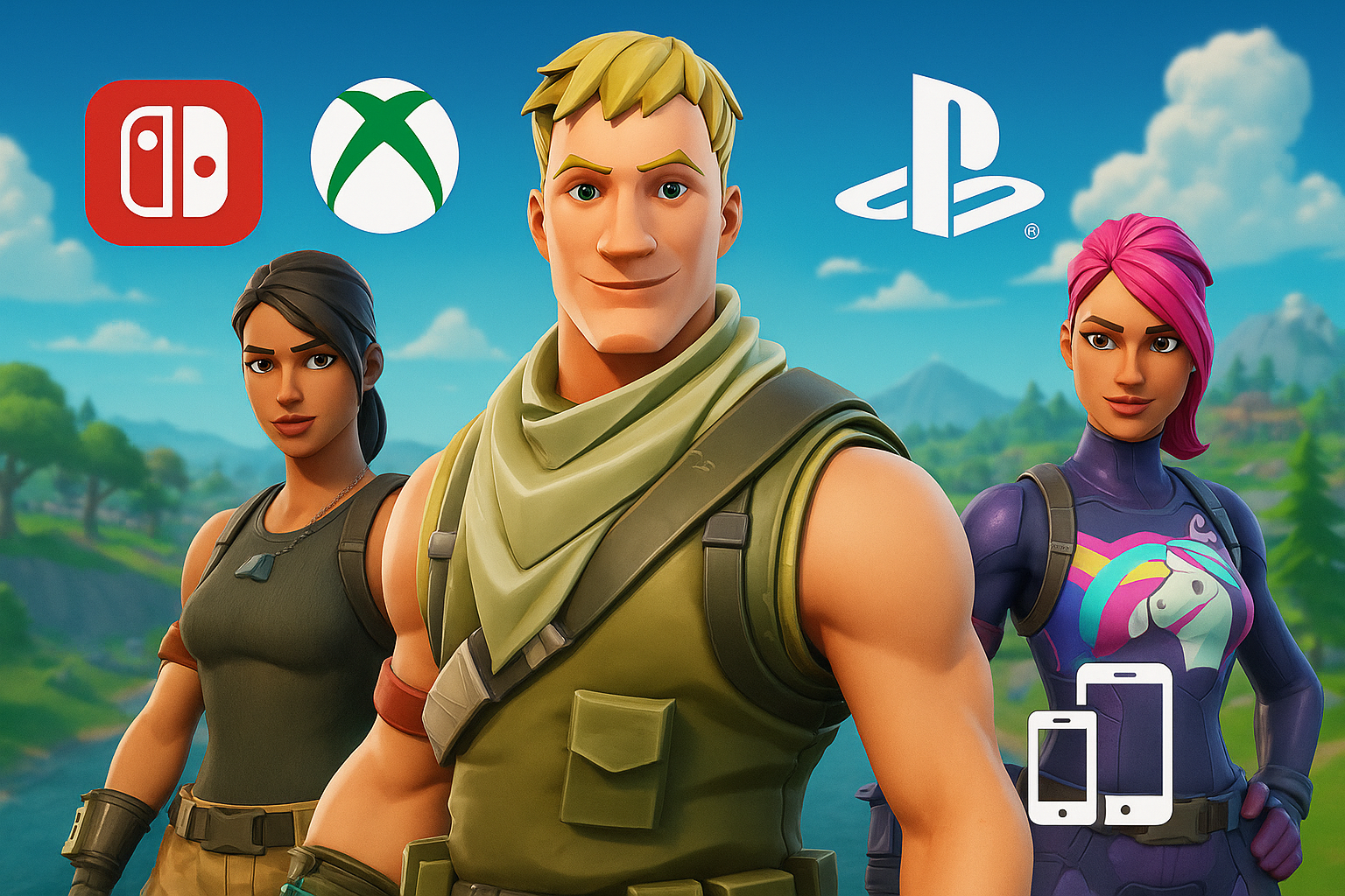 Personajes de Fortnite mostrando compatibilidad multiplataforma con PlayStation, Xbox, Nintendo y dispositivos móviles