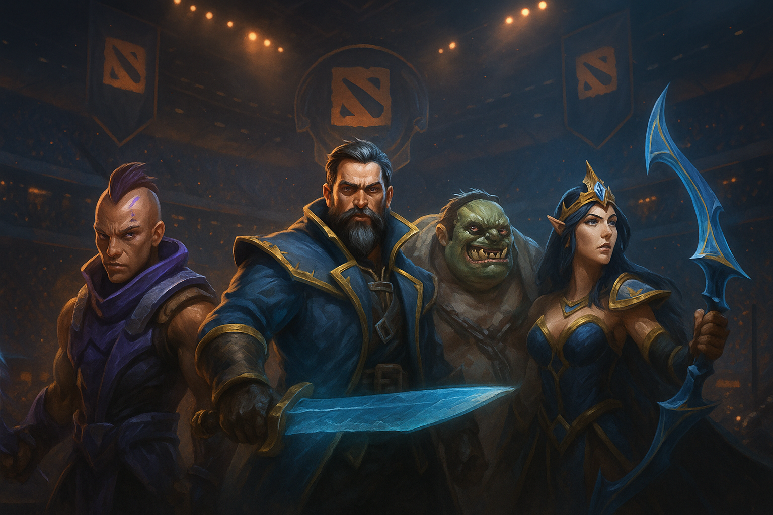 Héroes icónicos de Dota 2 en TI14 dentro de un estadio e-sports