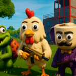 Personajes Brainrot de Fortnite posando en un mapa creativo, incluyendo un cocodrilo, un pollo armado y un elefante con hacha brillante.