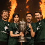 Jugadores de Team Falcons celebrando con la copa tras ganar FISSURE Universe antes del TI14.