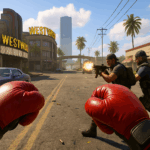 Escena de Black Ops 6 mostrando guantes de boxeo rojos en un combate urbano retro del evento Héroes de Acción 90s.