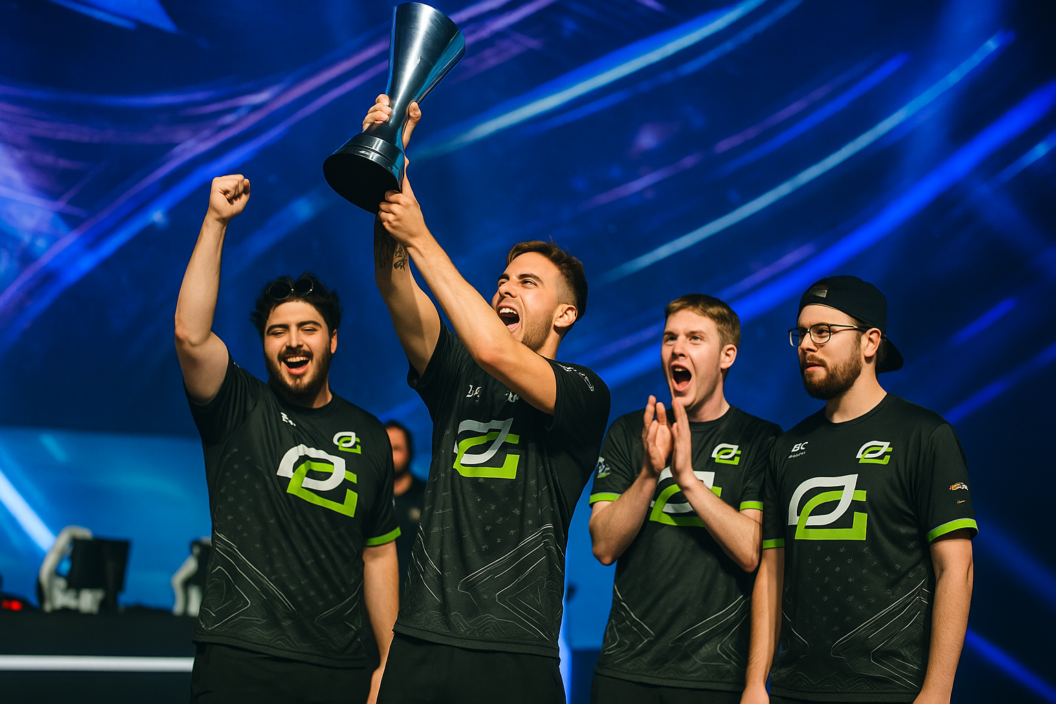 Jugadores de OpTic Gaming celebrando su victoria en la EWC de Call of Duty 2025 con trofeo en alto