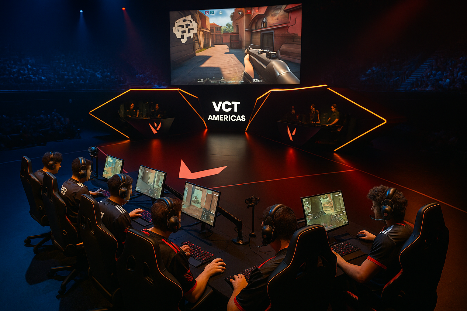Jugadores profesionales compiten en un partido de VALORANT durante VCT Américas frente a una audiencia en vivo.