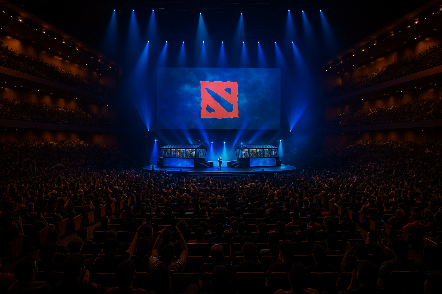 Auditorio lleno en un torneo de Dota 2 con escenario iluminado y logo al centro.