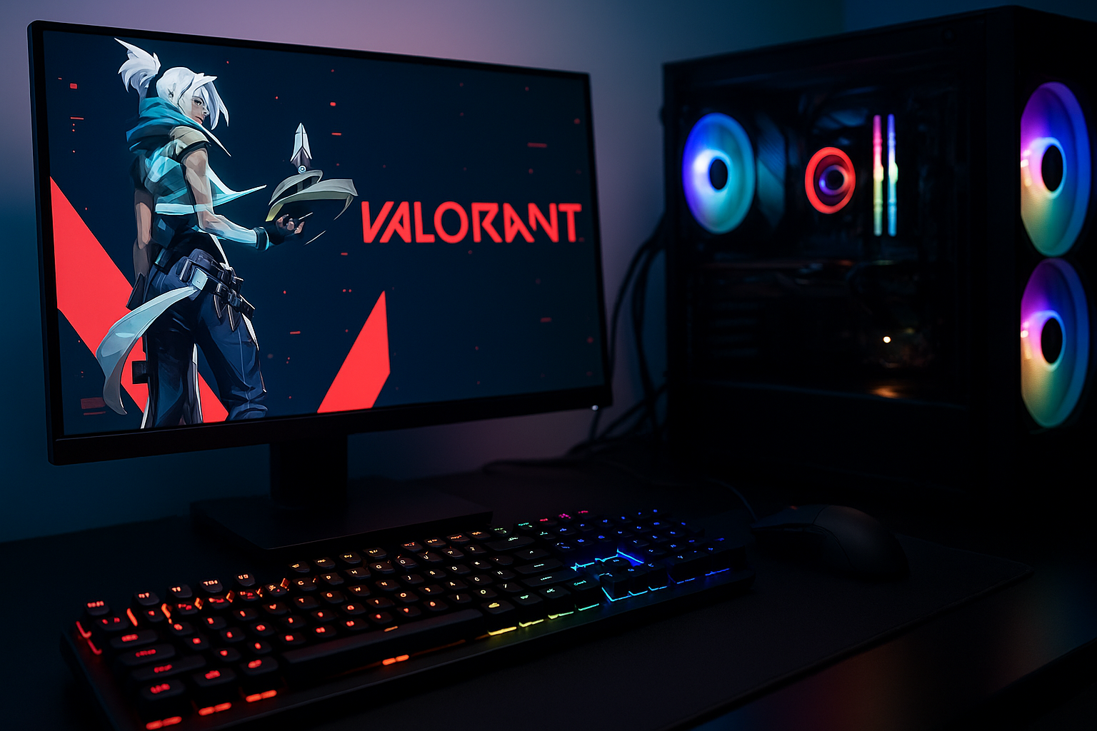 Setup gamer con VALORANT corriendo en monitor, teclado RGB y PC con luces, ideal para rendimiento 2025