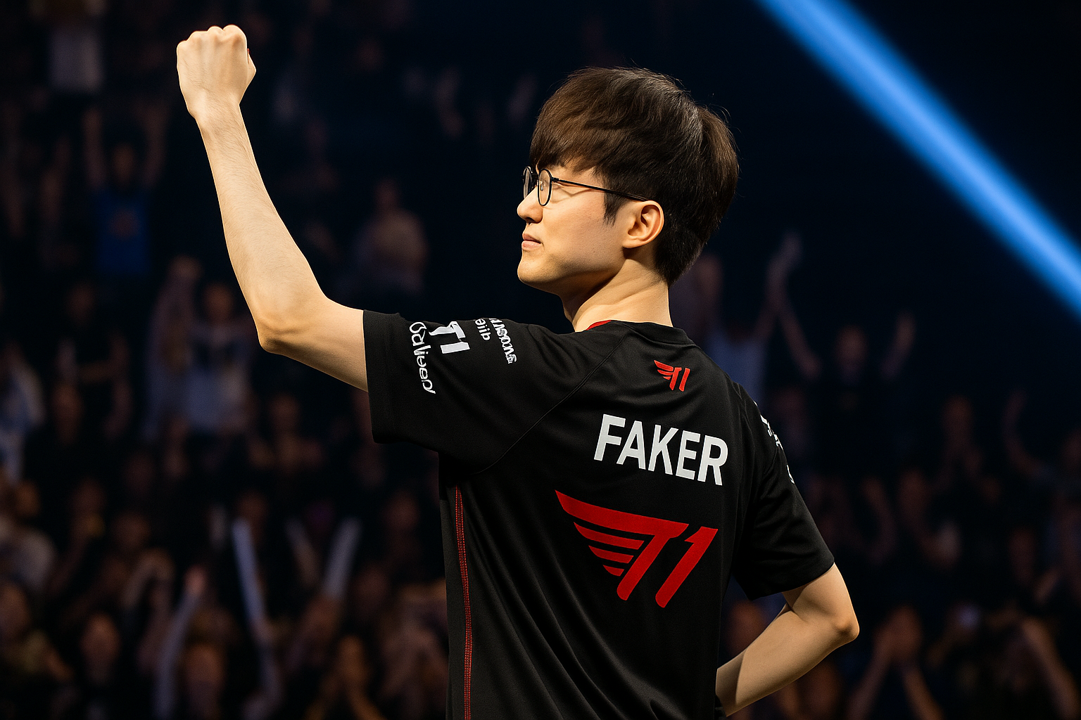 Faker celebrando victoria con T1 en torneo de LoL