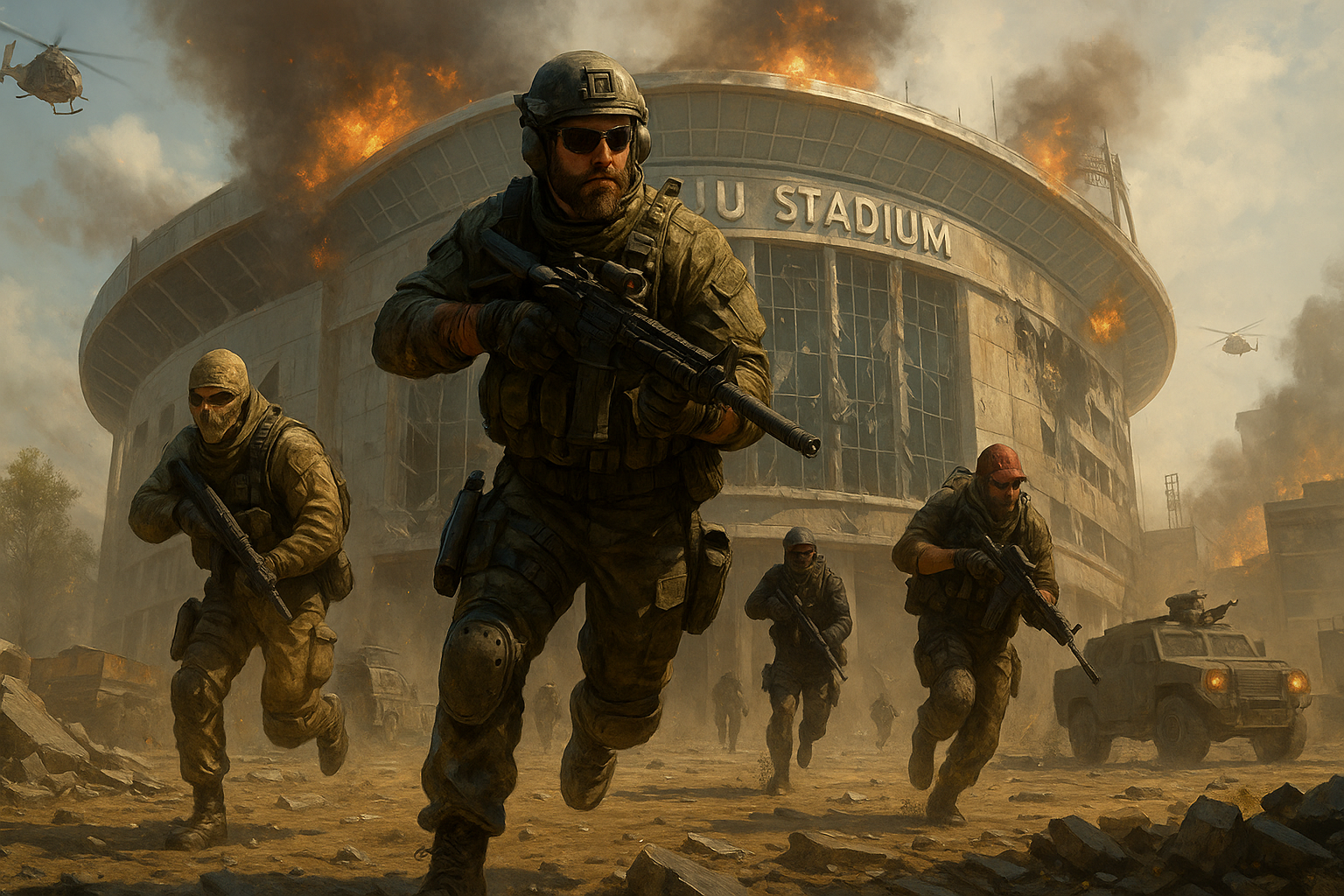 Soldados avanzando en combate frente al Estadio en Warzone
