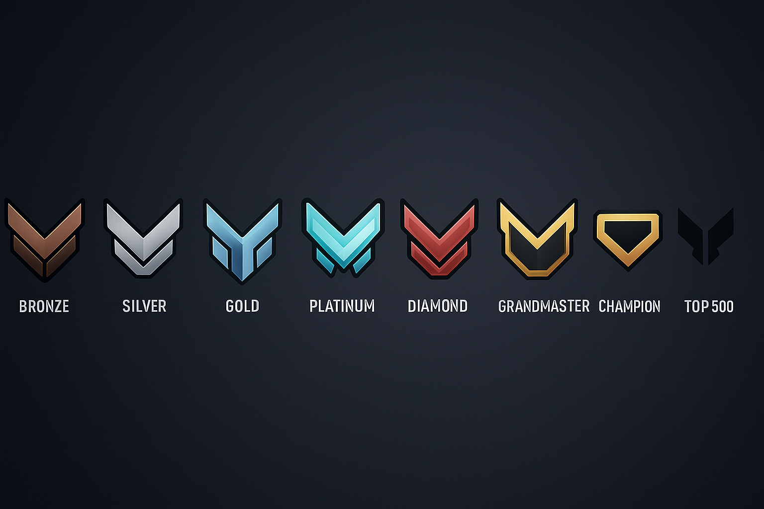 Insignias de todos los rangos de Overwatch 2, desde Bronce hasta Top 500, mostradas en orden sobre un fondo oscuro.