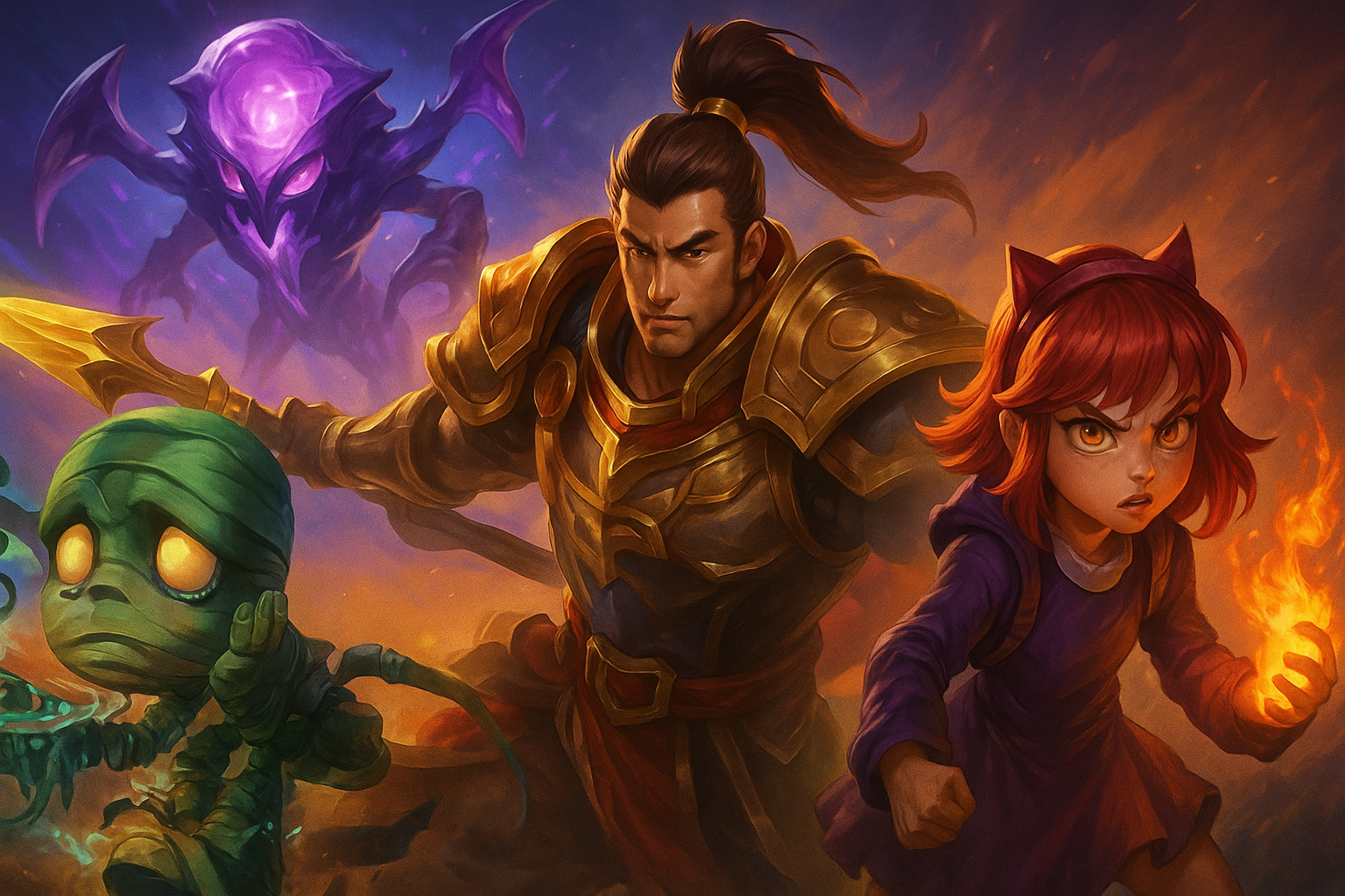 Campeones de League of Legends en acción: Amumu, Xin Zhao, Vel’Koz y Annie representando los cambios del parche 25.18.