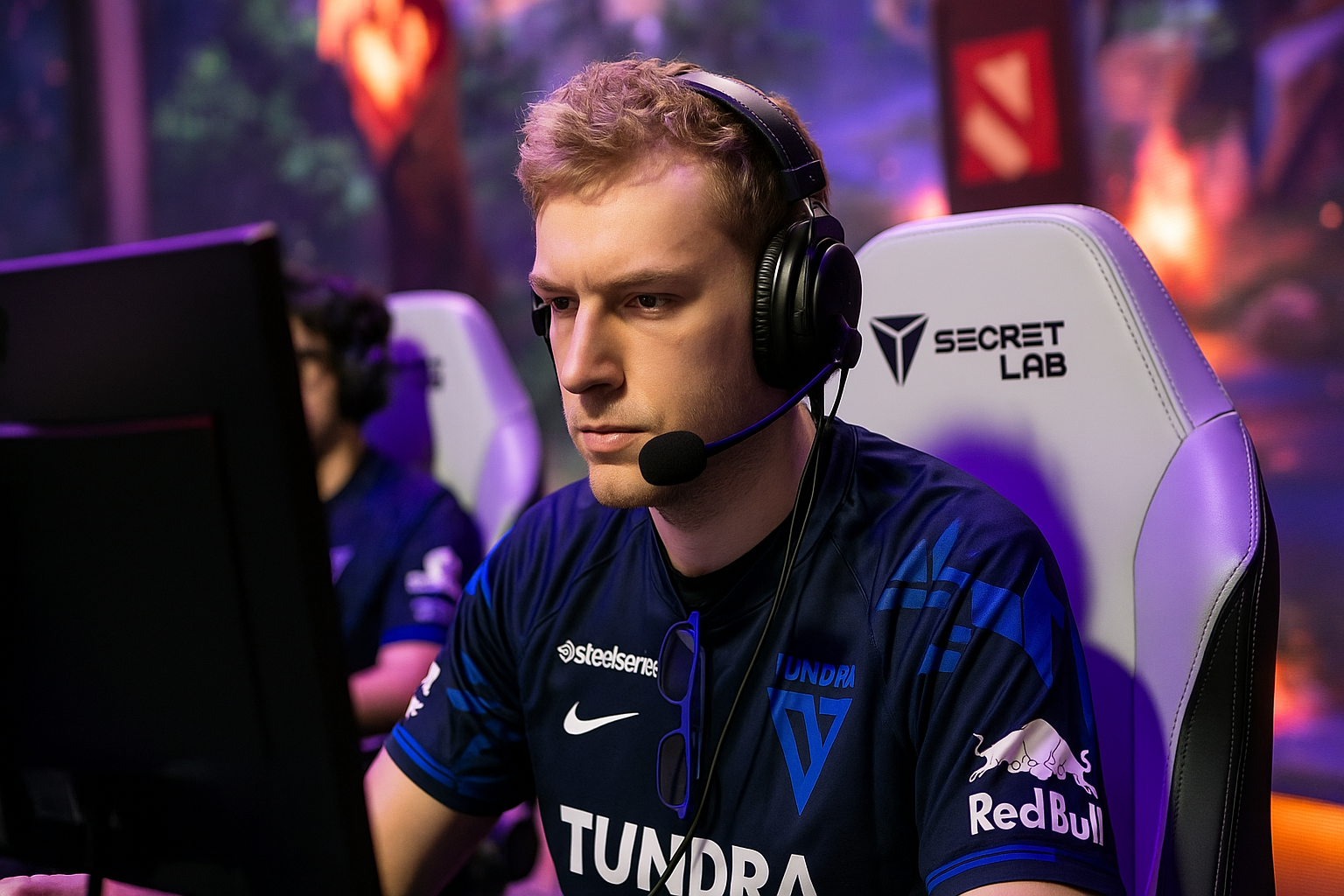Jugador de Tundra Esports concentrado en un partido de Dota 2 durante el TI14, usando auriculares y camiseta oficial del equipo.