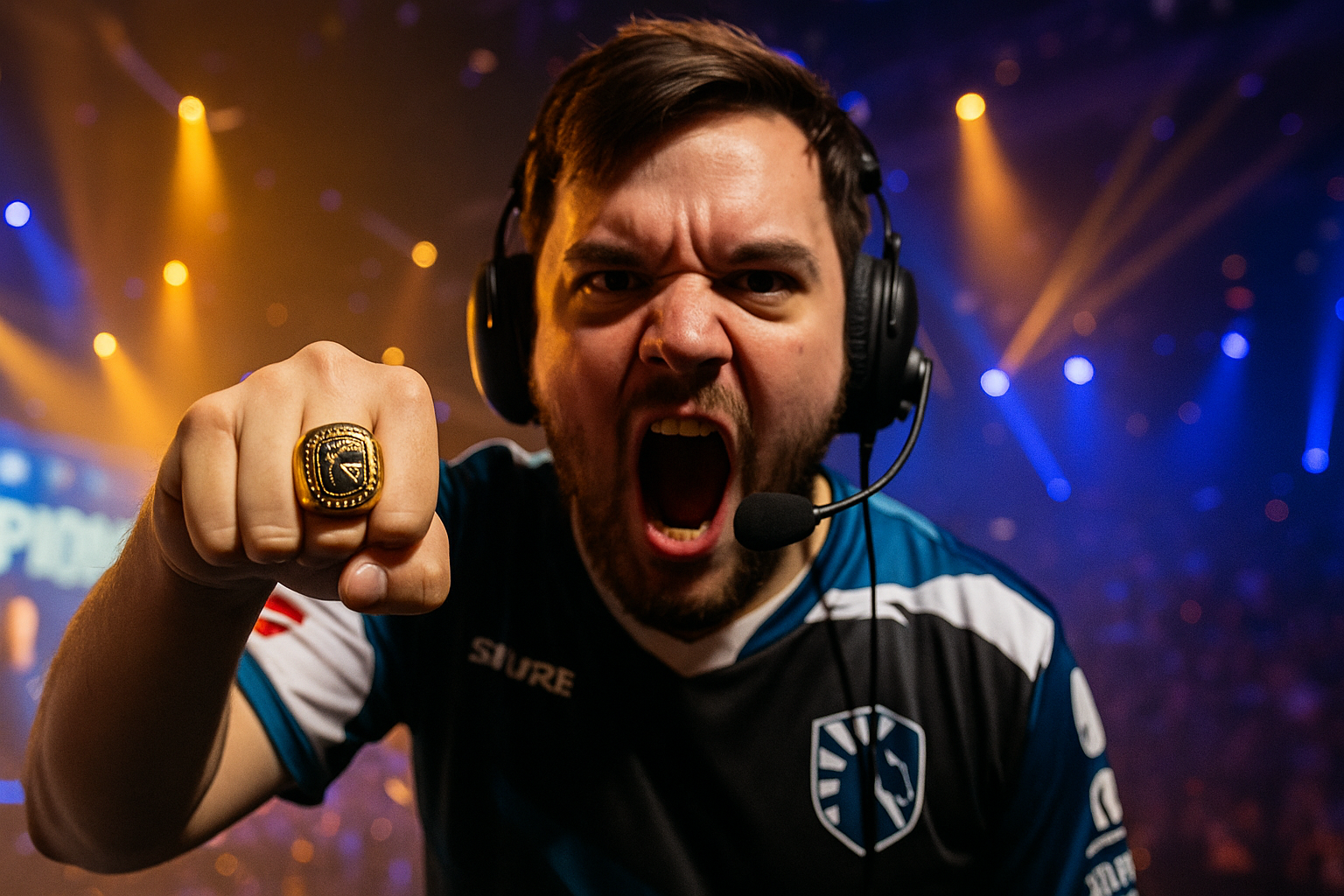 Jugador profesional de CS2 celebrando con un anillo dorado de campeón en el escenario, mostrando emoción y orgullo tras ganar un Major.