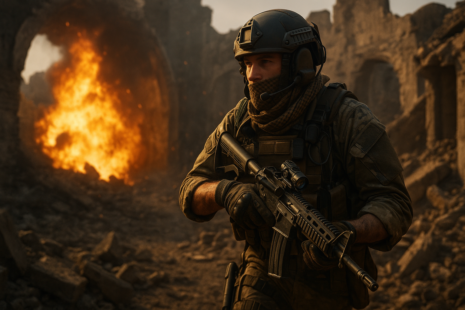 Soldado inspirado en Call of Duty avanzando entre ruinas y fuego en un escenario bélico, con rifle en mano y equipo táctico completo.