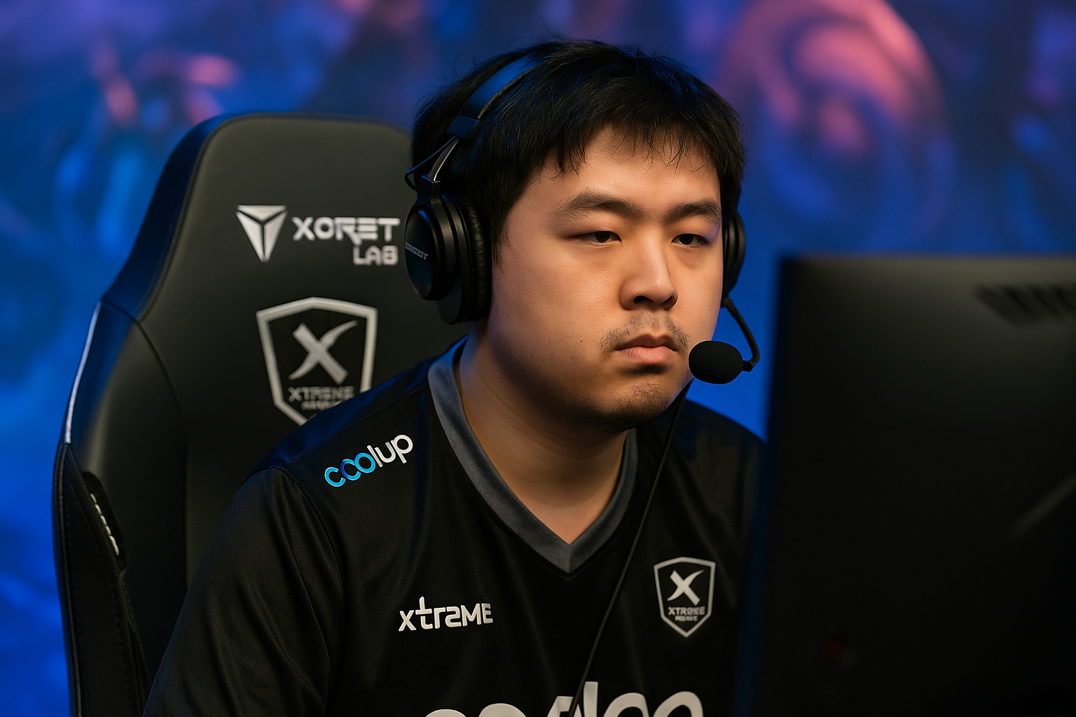 Ame, jugador de Xtreme Gaming, concentrado en una partida de Dota 2 durante el TI14, con audífonos y camiseta oficial del equipo.