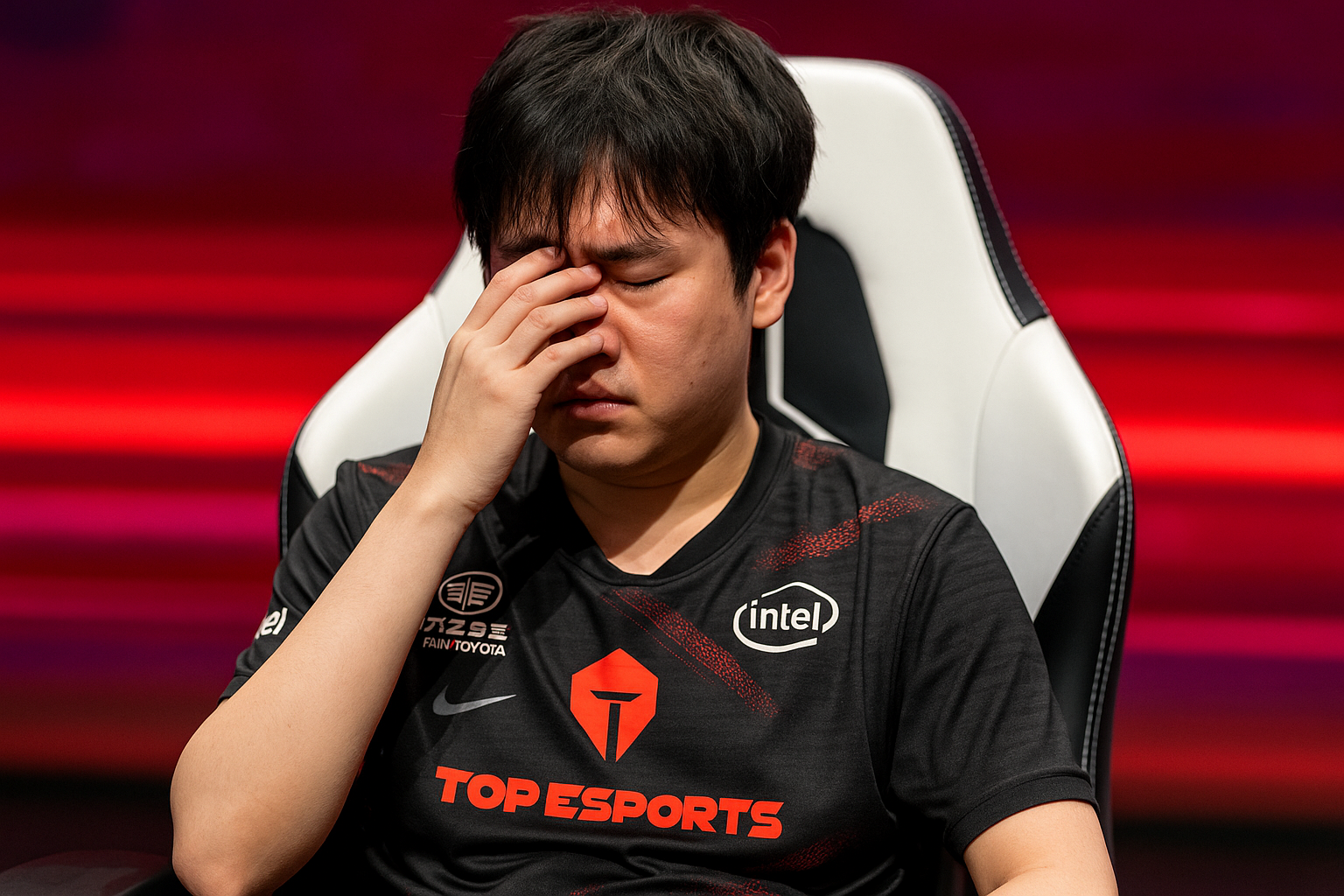 JackeyLove, jugador de Top Esports, con gesto de cansancio y preocupación durante un partido competitivo de League of Legends en la LPL.
