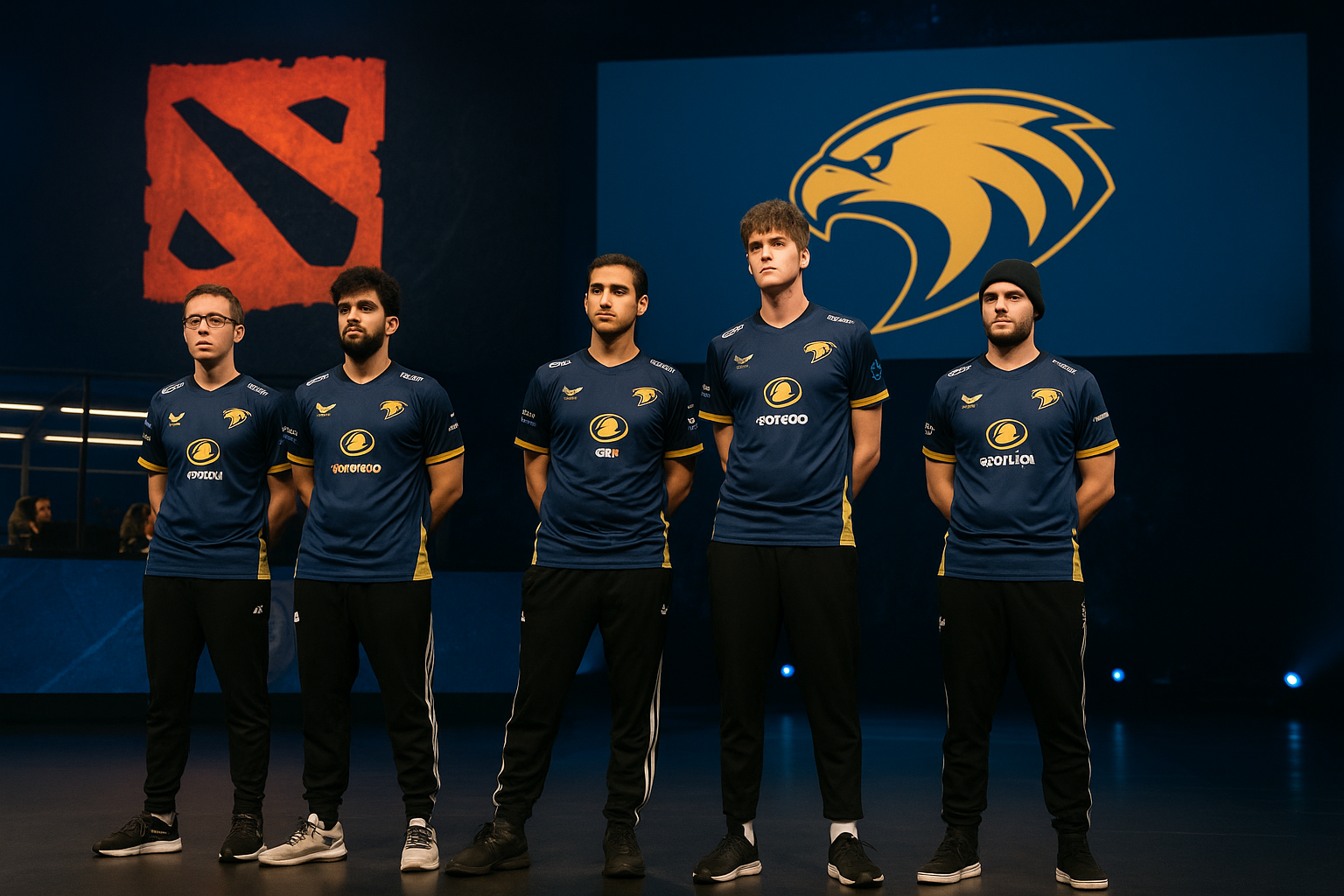 Jugadores profesionales de Dota 2 en el escenario del TI14, luciendo camisetas azul marino con logo de halcón, listos para los playoffs.