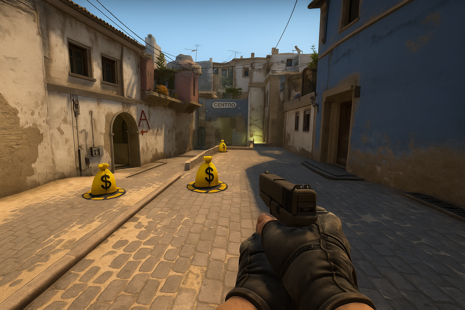 Vista en primera persona en un mapa clásico de CS2, mostrando un arma Glock y un pasaje urbano listo para partidas privadas.