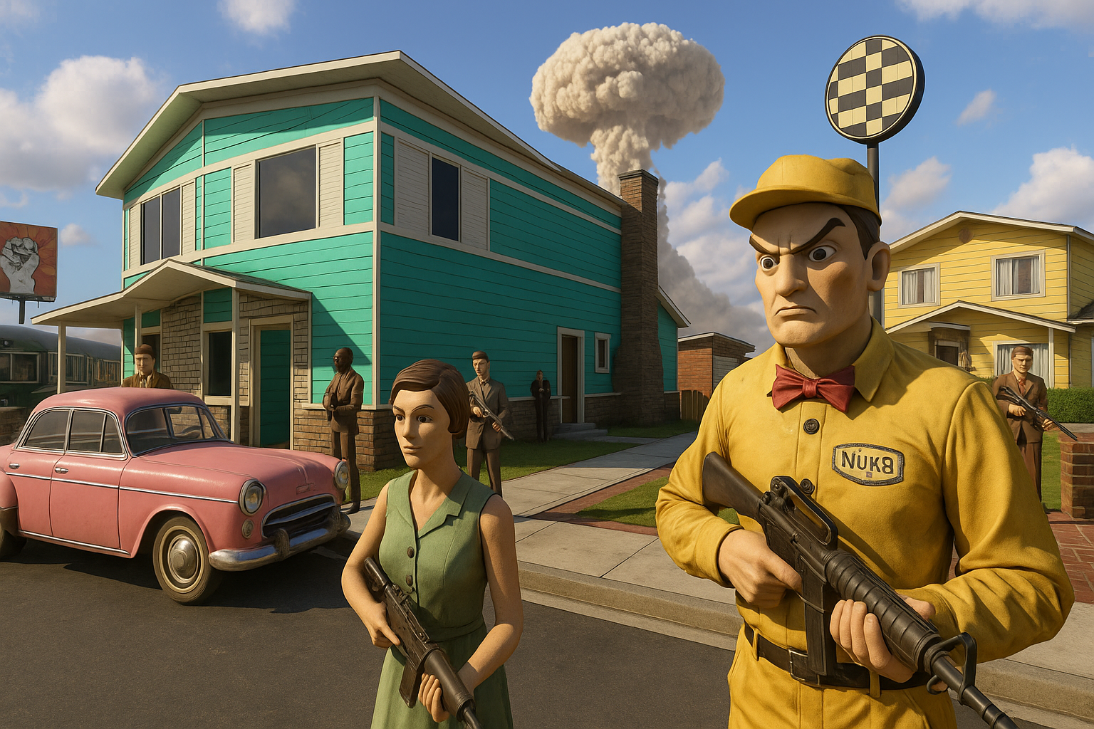Escena de Nuketown en Call of Duty con casas coloridas, un auto clásico rosado y maniquíes armados, celebrando el evento Block Party.