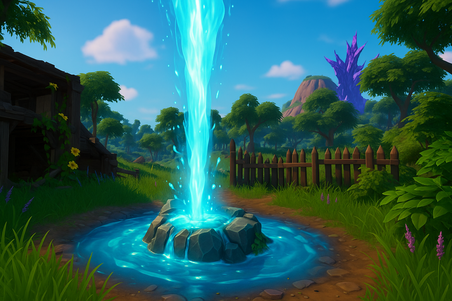 Géiser Slurp azul brillante en Fortnite, rodeado de árboles, estructuras de madera y un paisaje verde, parte de la temporada 4 del capítulo 6.