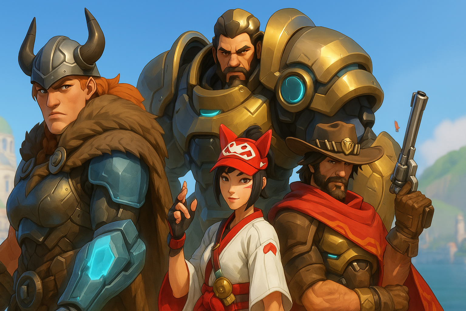 Héroes de Overwatch 2 listos para la acción en un paisaje futurista