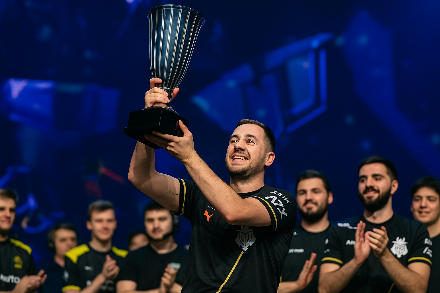 Jugadores de G2 celebrando con trofeo tras ganar BLAST Londres en CS2